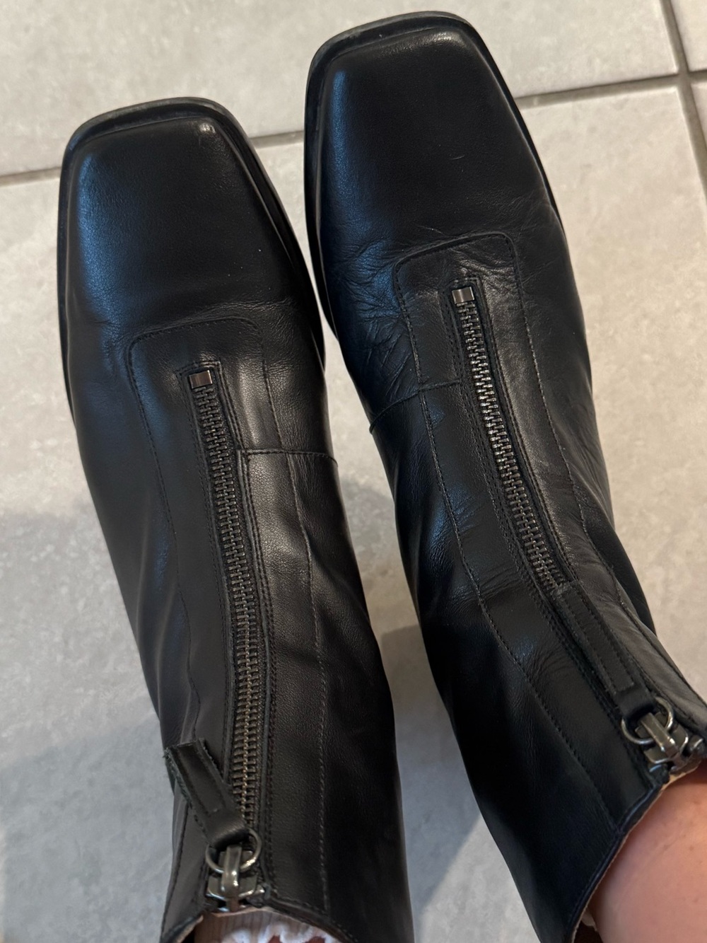 Black Front Zip Leather Ankle Boots - Picture 2 of 8